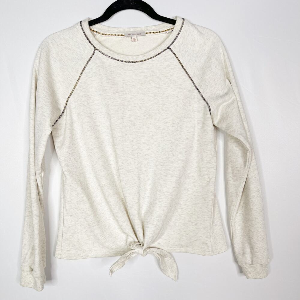 Skies Are Blue XSmall Tie Front Sweatshirt Twist Braided Trim Crew Neck Cotton